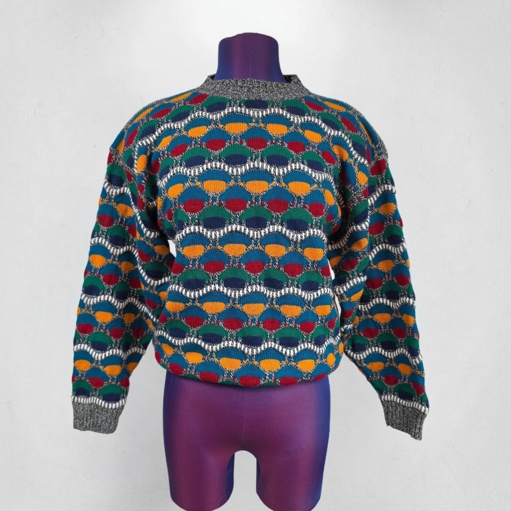 Ground Control Vintage Multi Color Scallop Knit Sweater Coogi Style Large